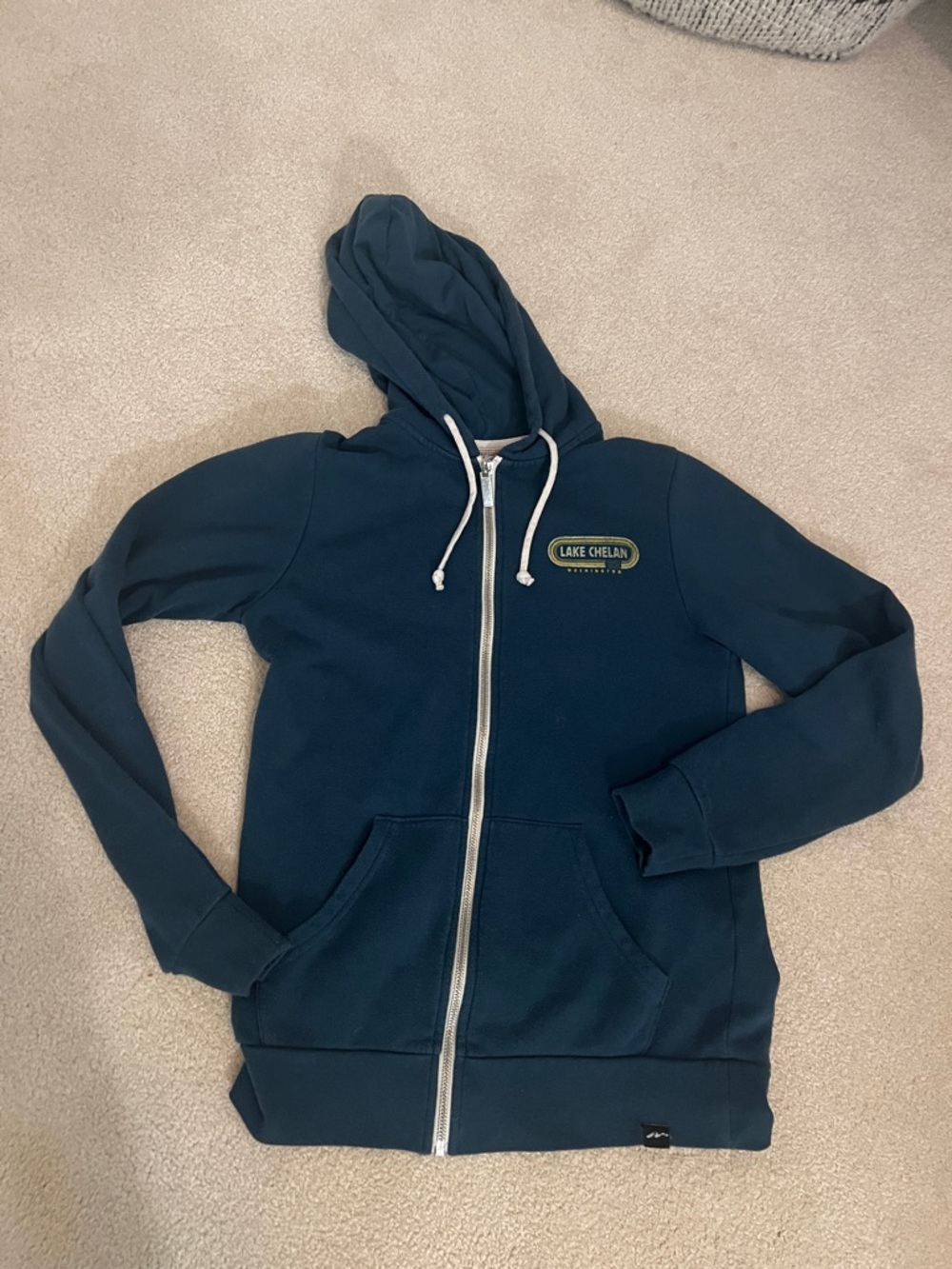 Techstyles Lake Chelan Hoodie 🌊 Teal Zip-Up Small Graphic Back PNW